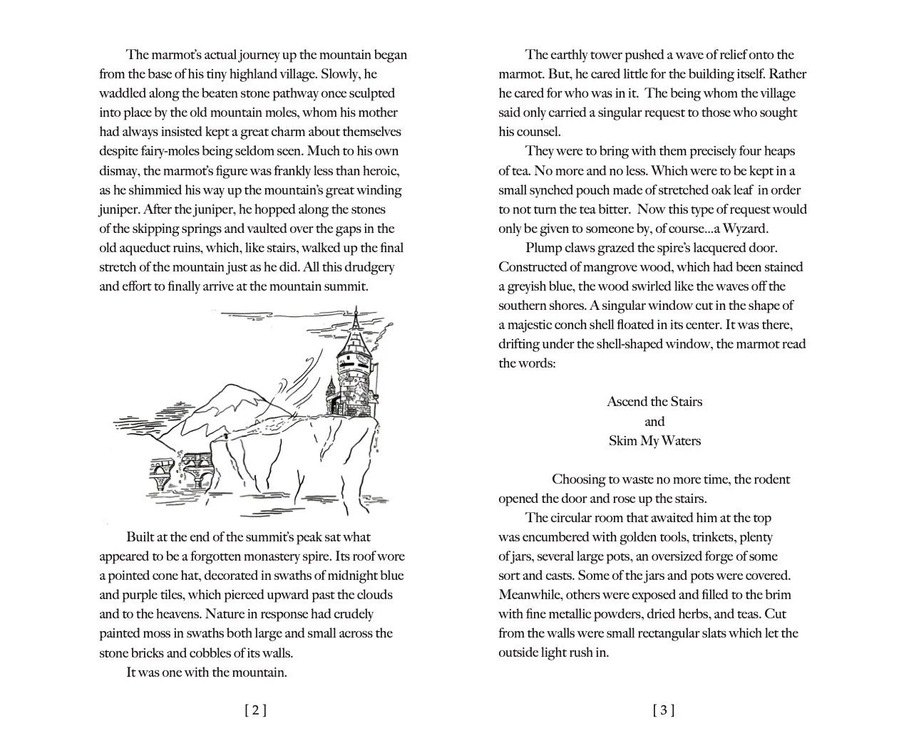 Sample spread of pages with a black and white illustration of a mountain peak with a small castle or tower built at the summit, surrounded by clouds and a winding road, with a bridge in the foreground.