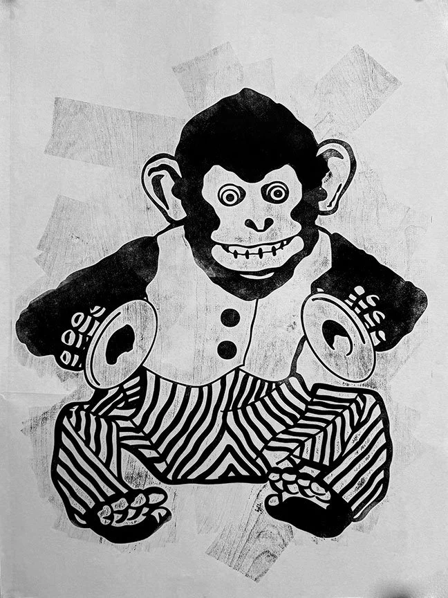 Woodblock print of an old cymbal monkey toy. Selective wood texture emphasizes sound and motion.