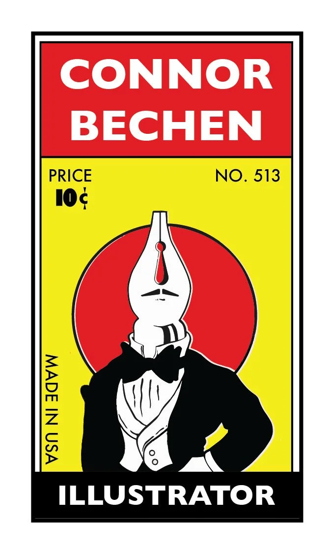 Matchbox style art featuring a man with a pen nib for a head. He has a thin mustache and wears a tuxedo. The text reads "Connor Bechen" and "Illustrator" the card is listed as 10 cents