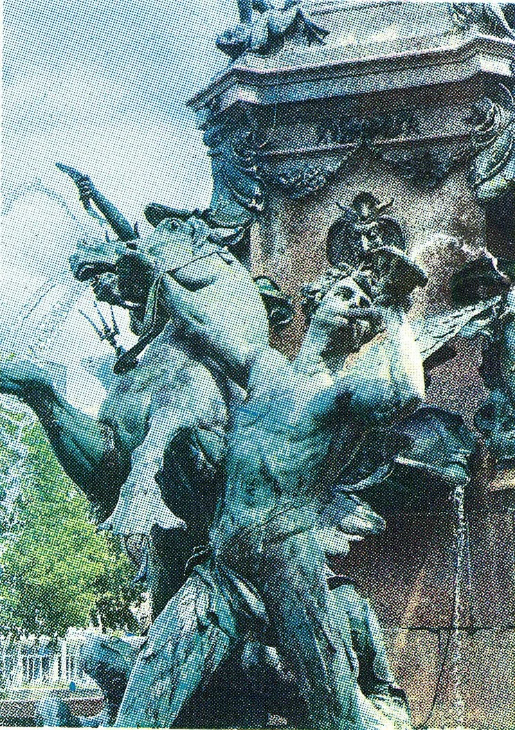 CMYK halftone screenprint of a german fountain. It depicts a muscular man blowing a horn while a horse rears behind
