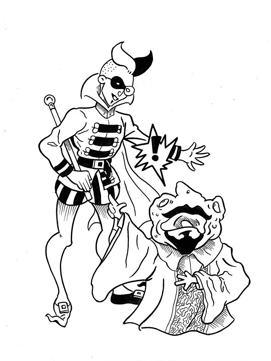 ©Connor Bechen. Lord Marius and Minister Frog. 9" x 12" ink on bristol board. 2025.
Dip Pen drawing of a cartoon frog dressed as a minister exclaiming to a court jester-esq individual who sports a horn like haircut.