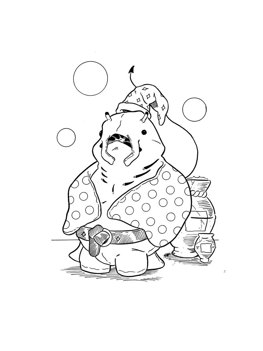 ©Connor Bechen. Wizard. 9" x 12" ink on bristol board. 2025.
A dip pen drawing of a manta ray wizard, wearing a spotted cape and a wizard hat, standing among pots and other items.