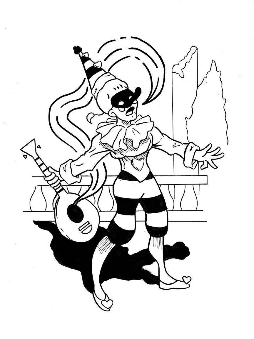 ©Connor Bechen. Georges the Bard. 9" x 12" ink on bristol board. 2025
A bard dressed as a clown with striped pants, a ruffled collar, and a heart on her chest is singing or performing on stage, holding a guitar, with a sad or emotional expression.