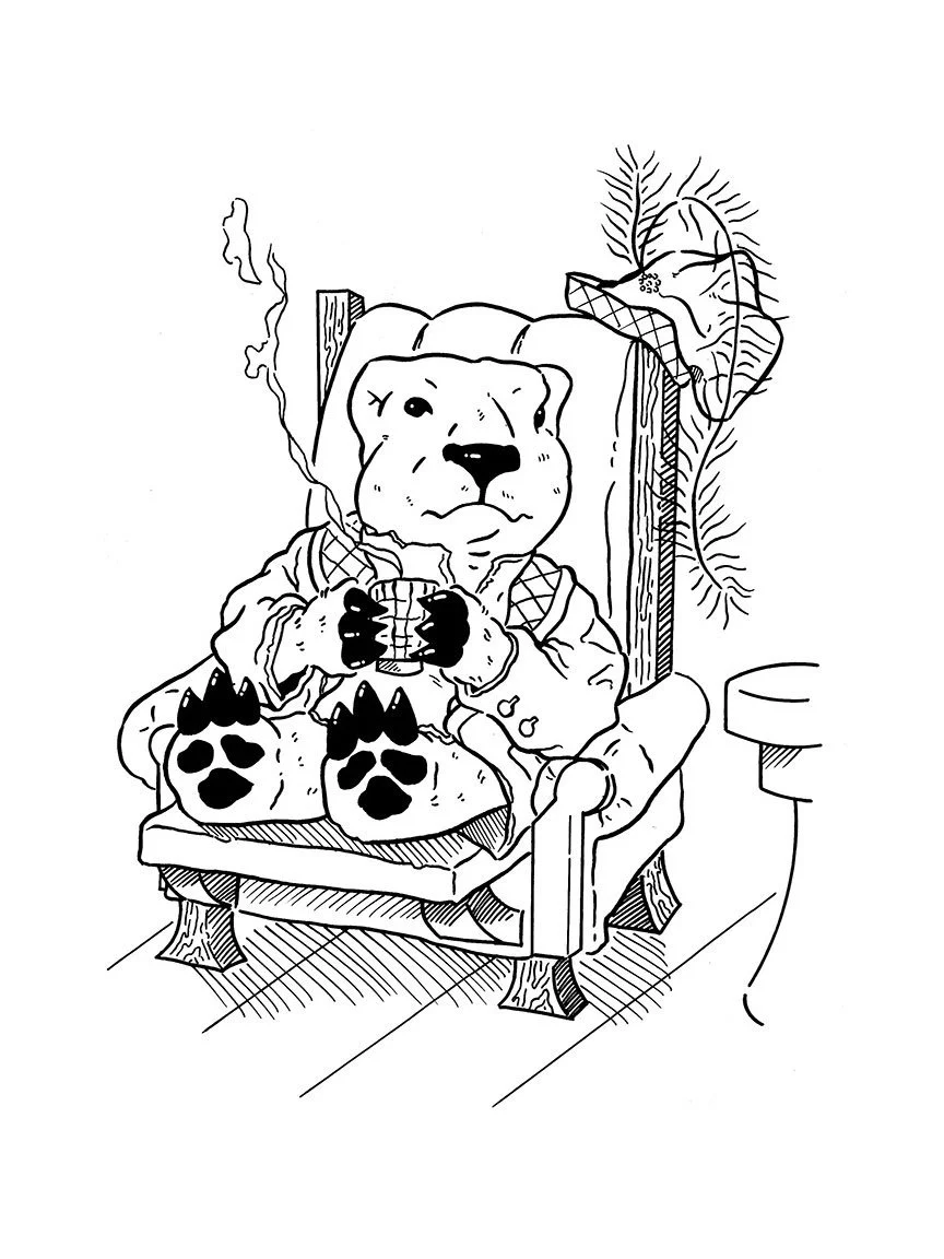 ©Connor Bechen. Marmot Resting Final. 9" x 12" ink on bristol board. 2025.
Marmot is sitting relaxed in a chair, holding a cup of tea, with a side table nearby.