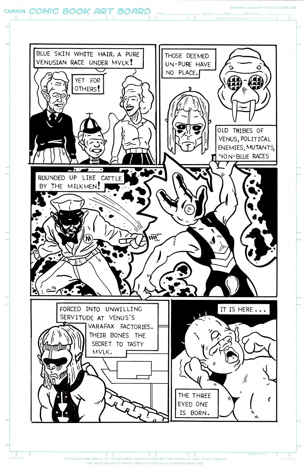 ©Connor Bechen. V is for Venus Pg 3. 11" x 17" ink on bristol board, 2026.
Black-and-white comic book art board with characters and dialogue about Venusian races, mutants, and their bones, including a character with three eyes.