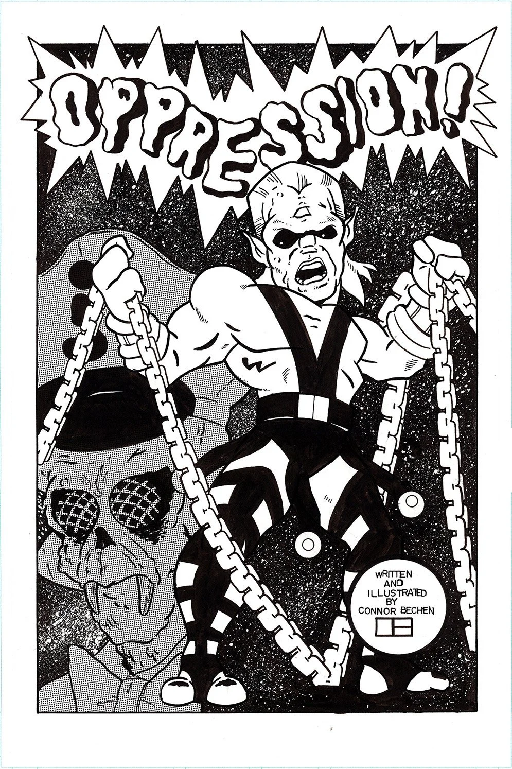 ©Connor Bechen. V is for Venus pg 1. 11" x 17" ink on bristol board, 2026.
Black and White comic book splash page with the title/word "oppression" across the top. Alien character is seen struggling to break out of chains.