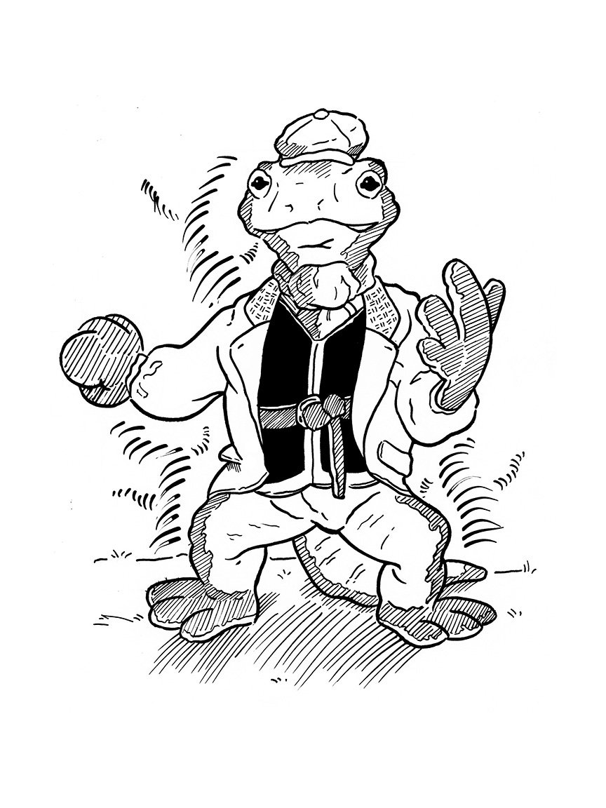 A cartoon newt dressed in a coat and hat standing on grass.
