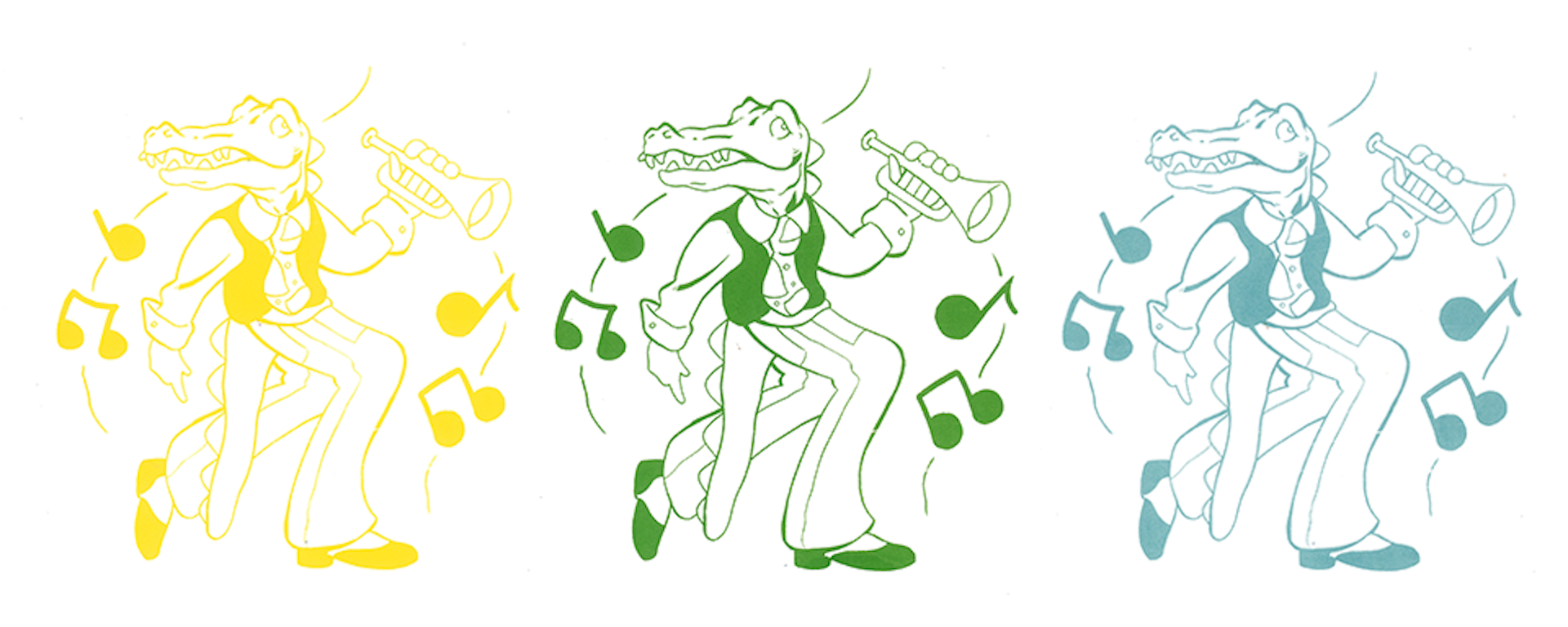 Jazz musician alligators march in a row. they are different colors; yellow, green, blue (from left to right)