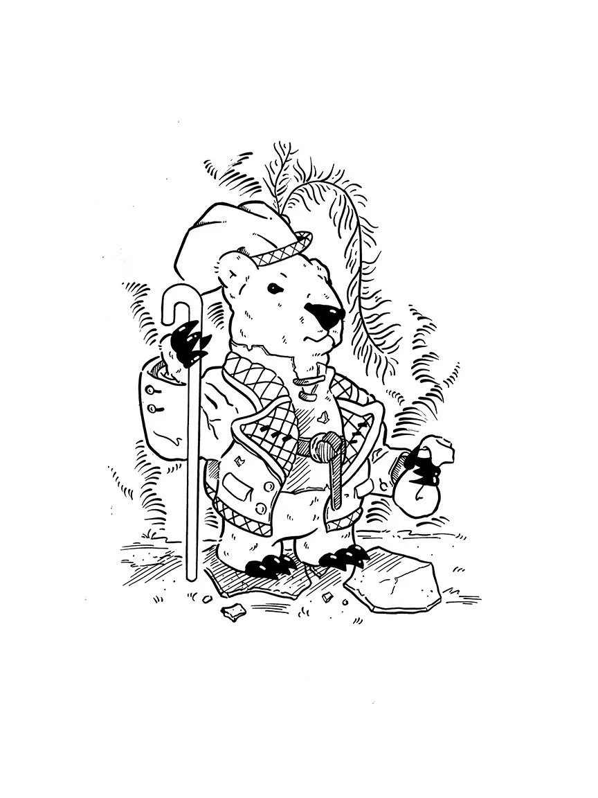 ©Connor Bechen. Marmot. 9" x 12" ink on bristol board, 2025
Dip Pen drawing of a Marmot wearing a fancy coat and hat. Off to leave on a quest with a walking stick and bag of tea in hand.