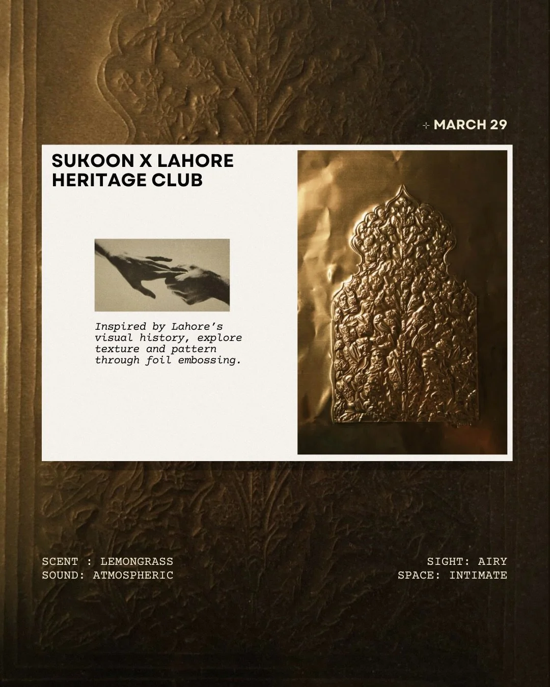Celebrate the visual language of Lahore&rsquo;s historic architecture in this joyful foil embossing workshop, facilitated by @lahoreheritageclub , whose work has been shaped by years of research, storytelling, and cultural guidance rooted in the city