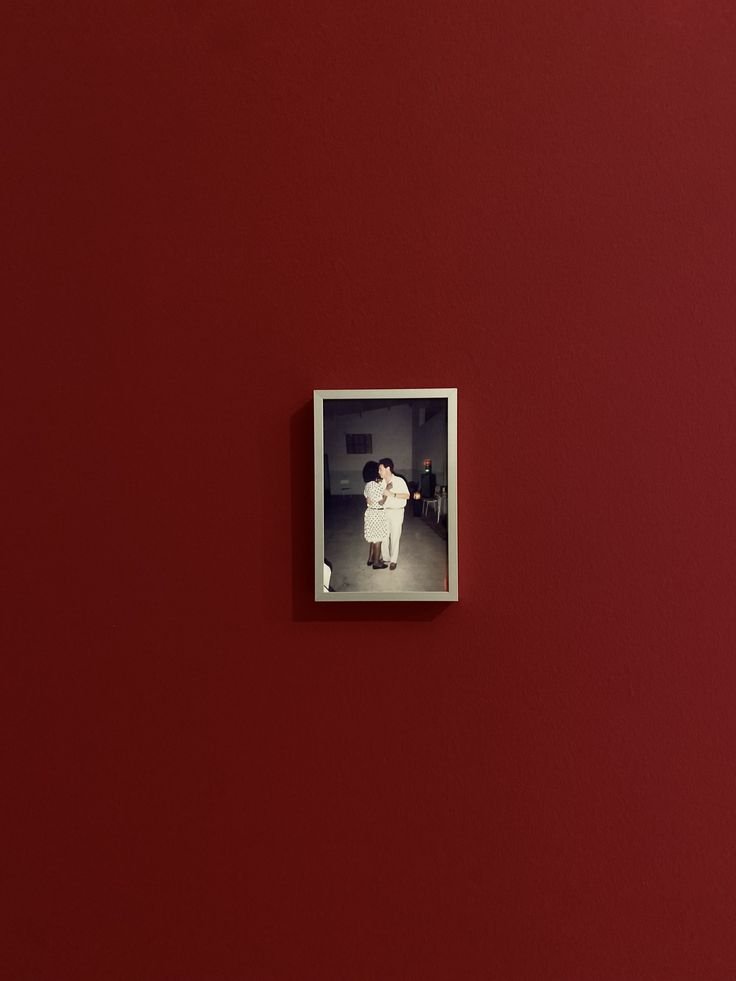 A framed photograph of two people embracing, mounted on a plain red wall.