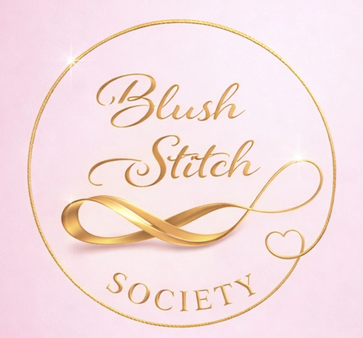Logo for Blush Stitch Society with gold text and design on a pink background.
