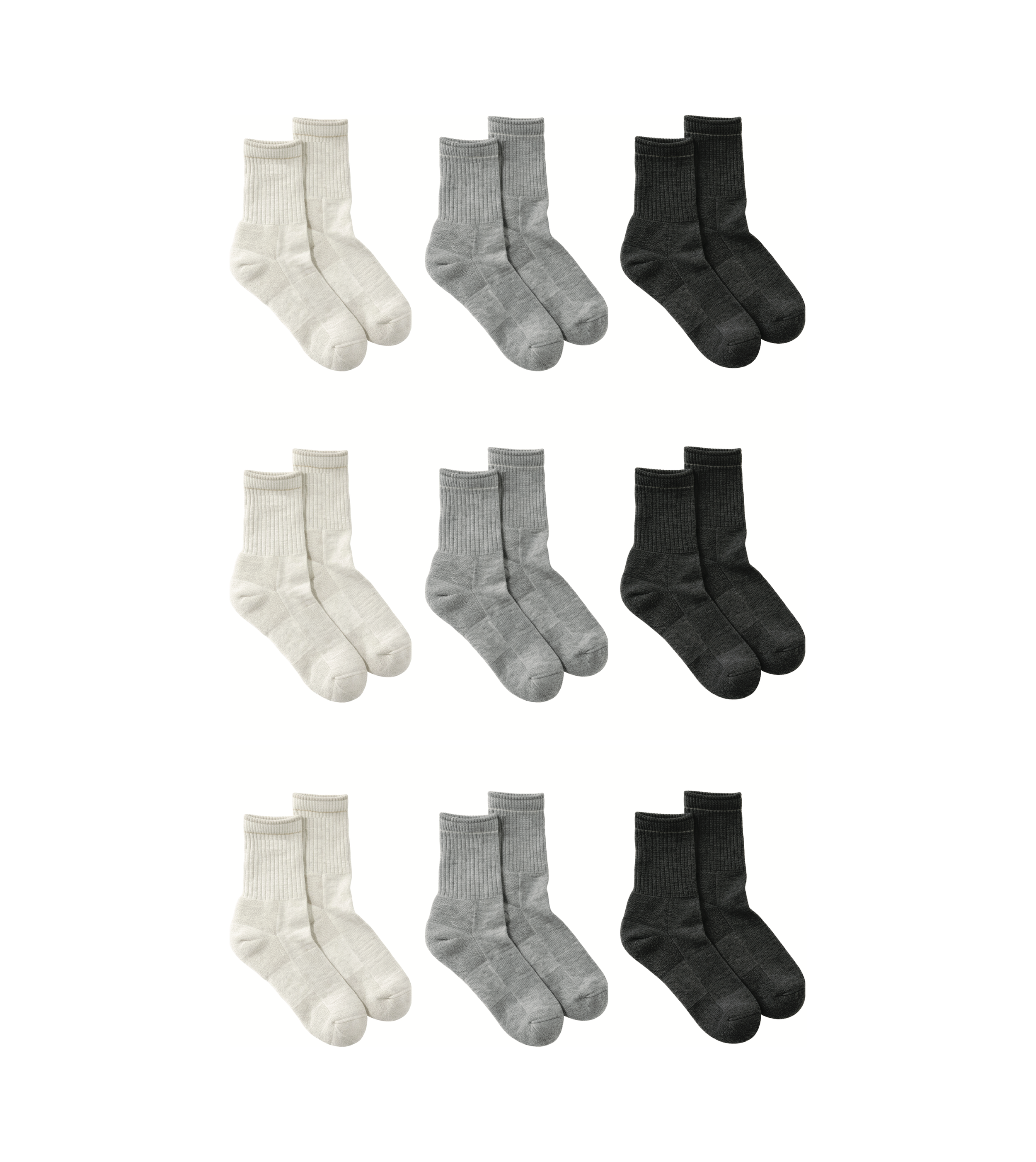 Set of twelve pairs of ankle socks in white, gray, and black colors, arranged in three columns and four rows.