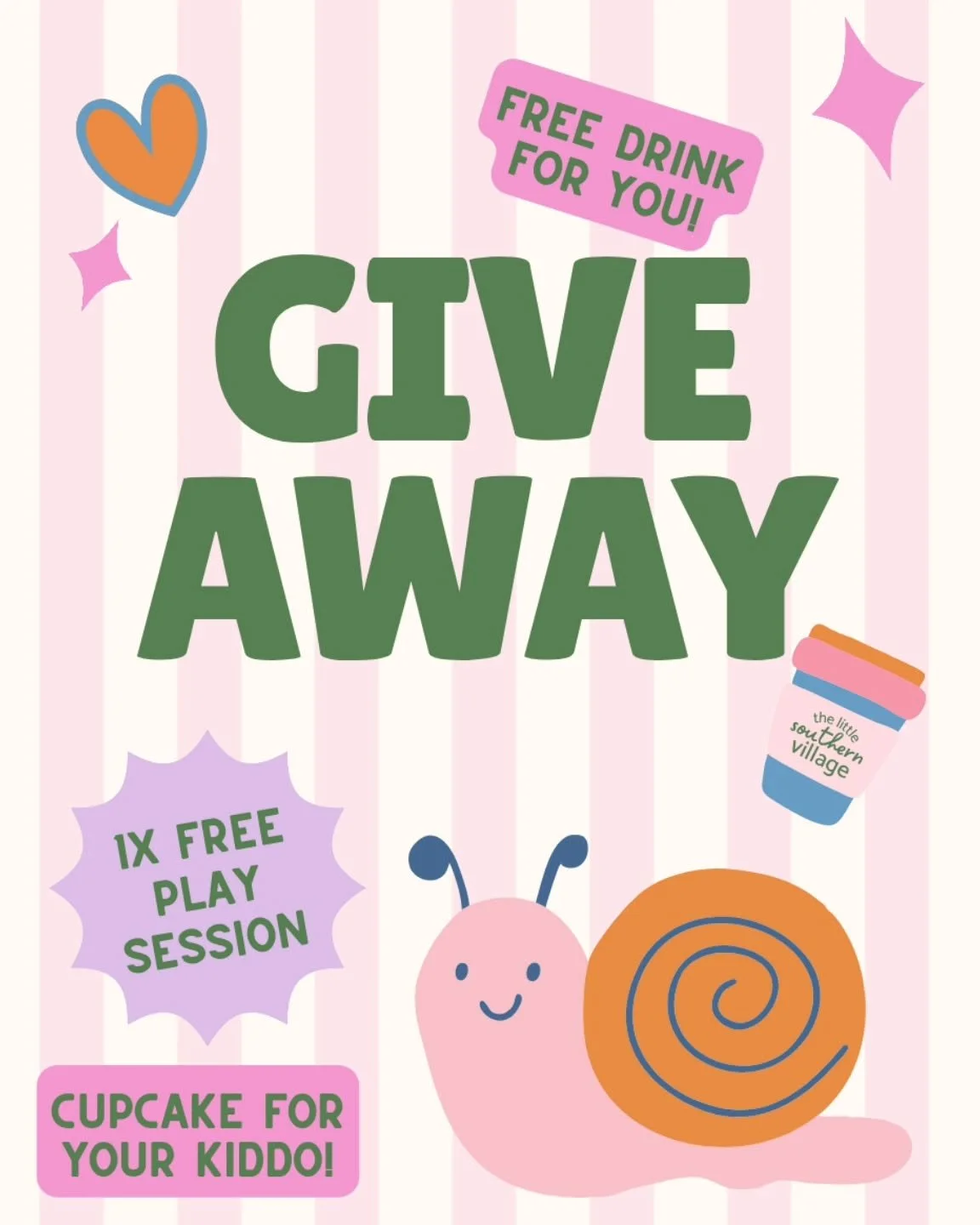 ✨ GIVEAWAY ✨

To celebrate the opening of The Little Southern Village, we&rsquo;re giving one lucky family the chance to experience the magic first 💫

Win a complimentary play session, drink for you and cupcake for your kiddo!

To enter: 
&ndash; Fo