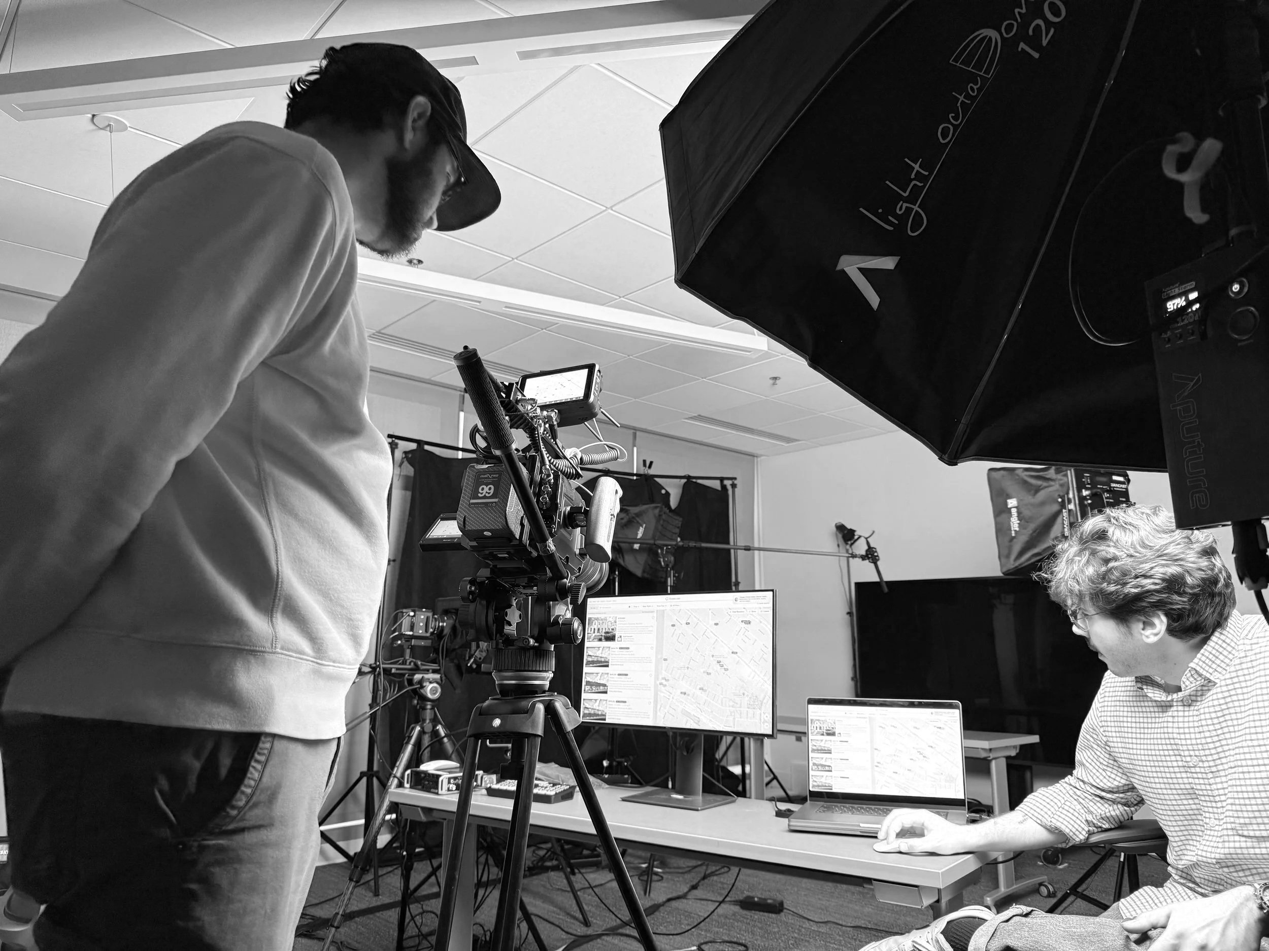 Patrick Johnson and Francesco Basti owners of Daydream Studio work through the details for their corporate client's brand film in Richmond, VA.