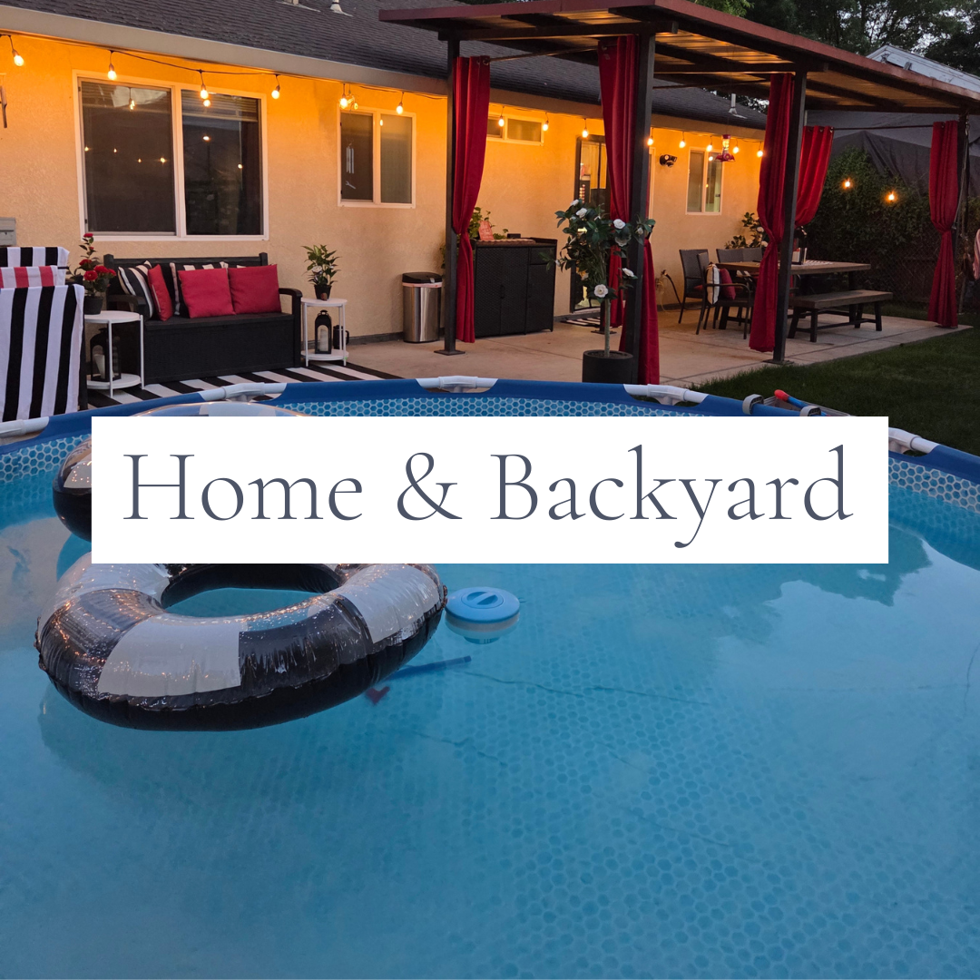 Budget-friendly backyard makeover with an above-ground pool, pergola, and outdoor entertaining space for home and backyard inspiration.