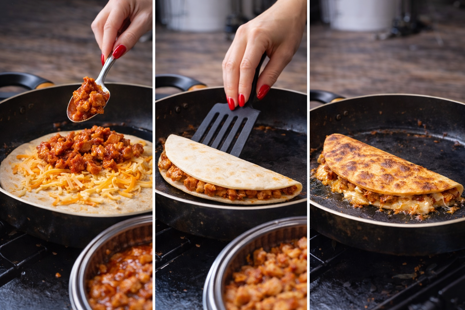 Step-by-step process showing how to make chicken quesadillas with cheese and chicken filling cooked in a skillet.