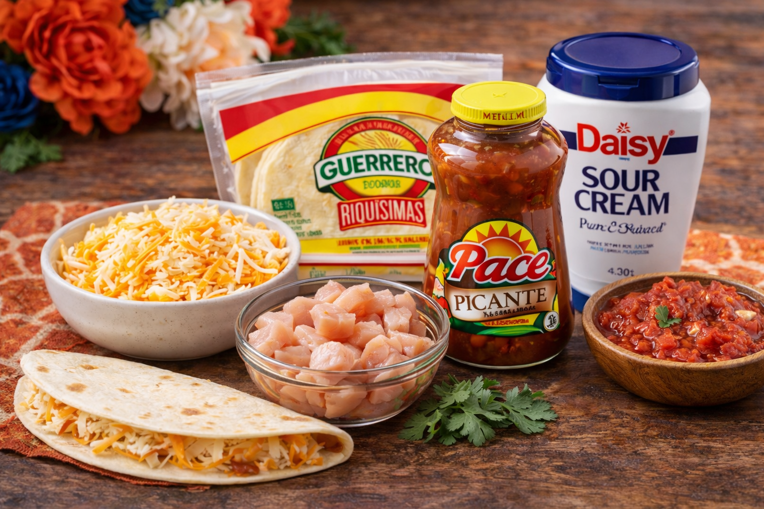 Ingredients for easy chicken quesadillas including tortillas, raw chicken breast, shredded Colby Jack cheese, Pace Picante sauce, and sour cream.