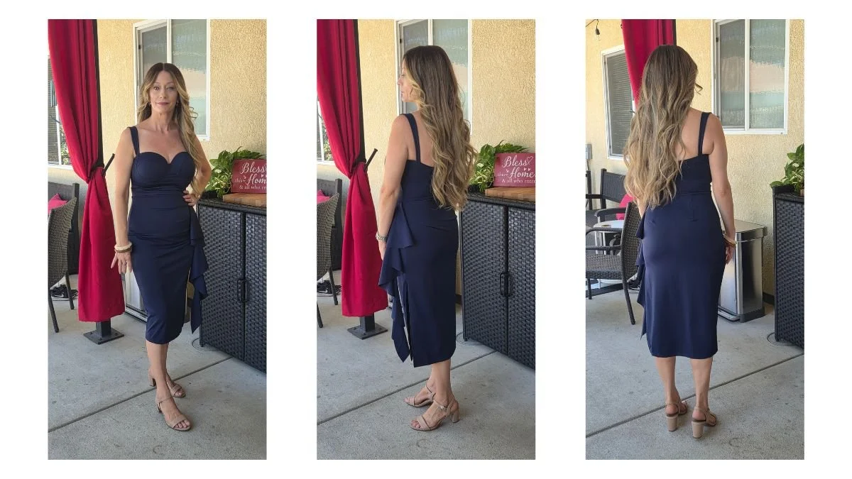 Navy blue Amazon wedding guest dress shown from the front, side and back