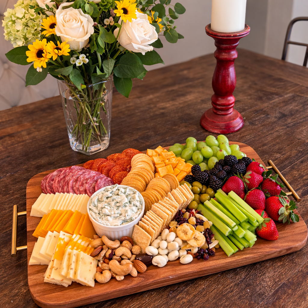 Wood charcuterie board with gold handles styled with cheese, crackers, fruit, olives, and vegetables on a dining table with fresh flowers.