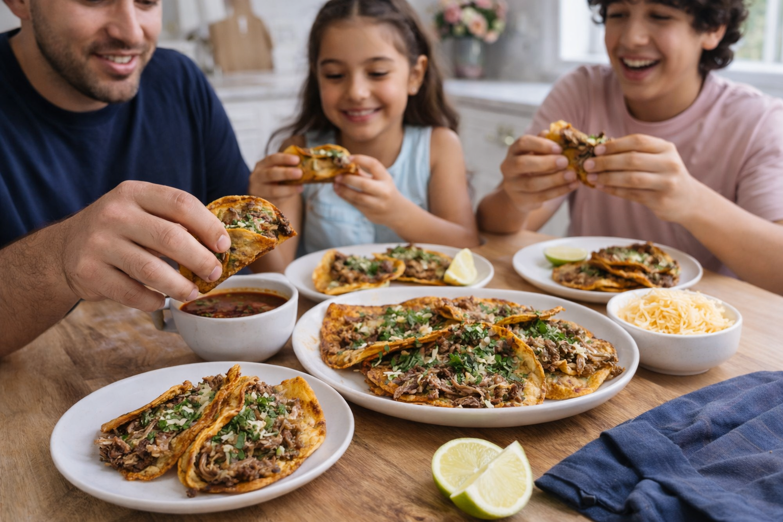 Family eating homemade quesabirria tacos made with slow cooker shredded beef and melted cheese