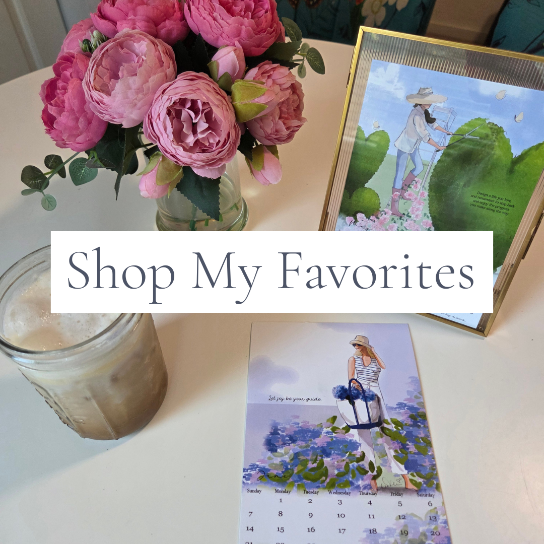 Coffee, flowers, planner, and home décor representing Becky's favorite home, family, kitchen, and lifestyle finds.