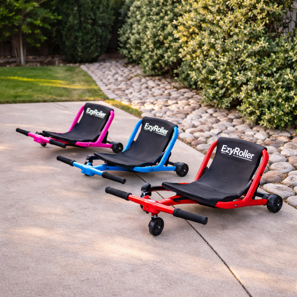 Three EzyRoller ride-on toys on a backyard patio for kids outdoor play