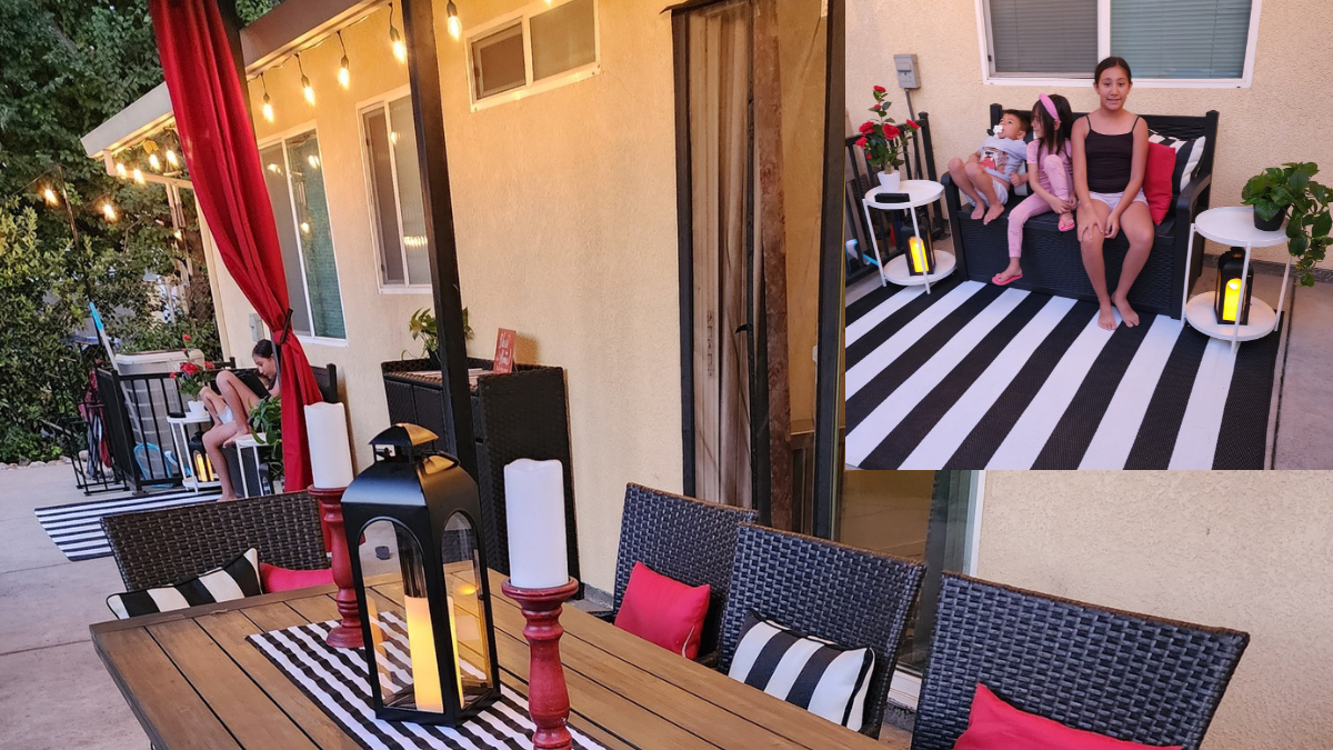 Family-friendly backyard seating area with outdoor rug, storage bench, side tables, lanterns, and kids enjoying a cozy outdoor space