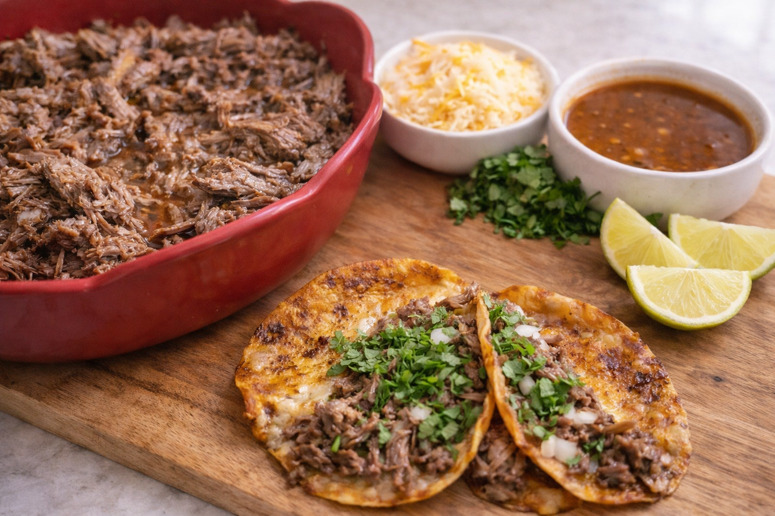 Slow cooker birria tacos with shredded beef, melted cheese, cilantro, lime, and consommé served on a wooden board