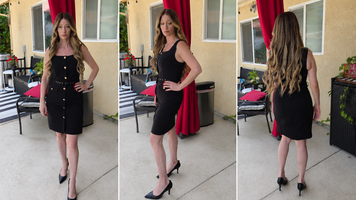 Front, side, and back views of a comfortable black Amazon wedding guest dress with gold button details.