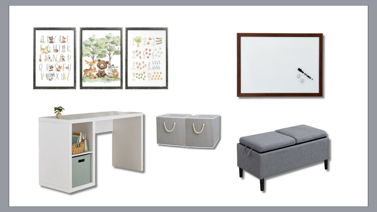 kids shared bedroom essentials collage with desk storage bins ottoman and wall decor