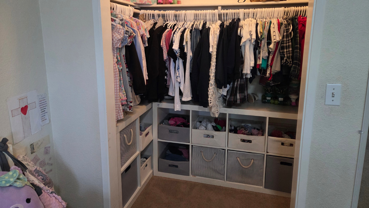 Shared kids closet with hanging clothes and cube storage bins used to organize clothing for multiple children.