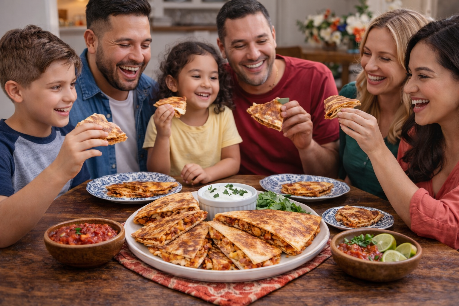 Family enjoying chicken quesadillas together at a dinner table with salsa and sour cream.