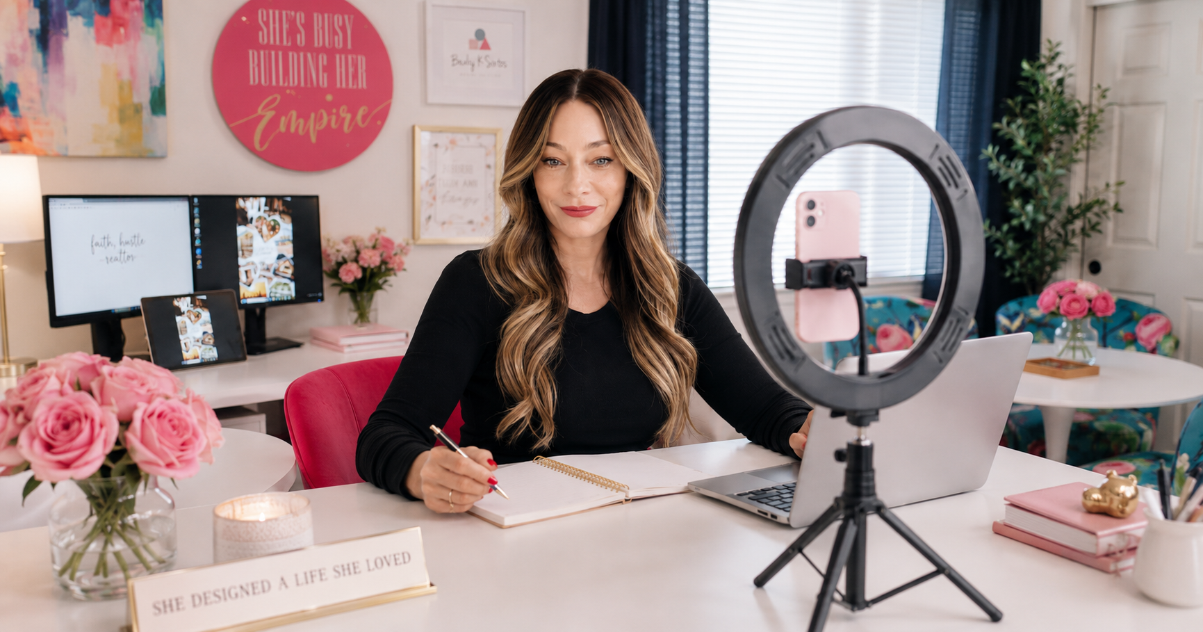 Becky Kay Sixtos in her feminine home office content creation workspace with ring light and laptop