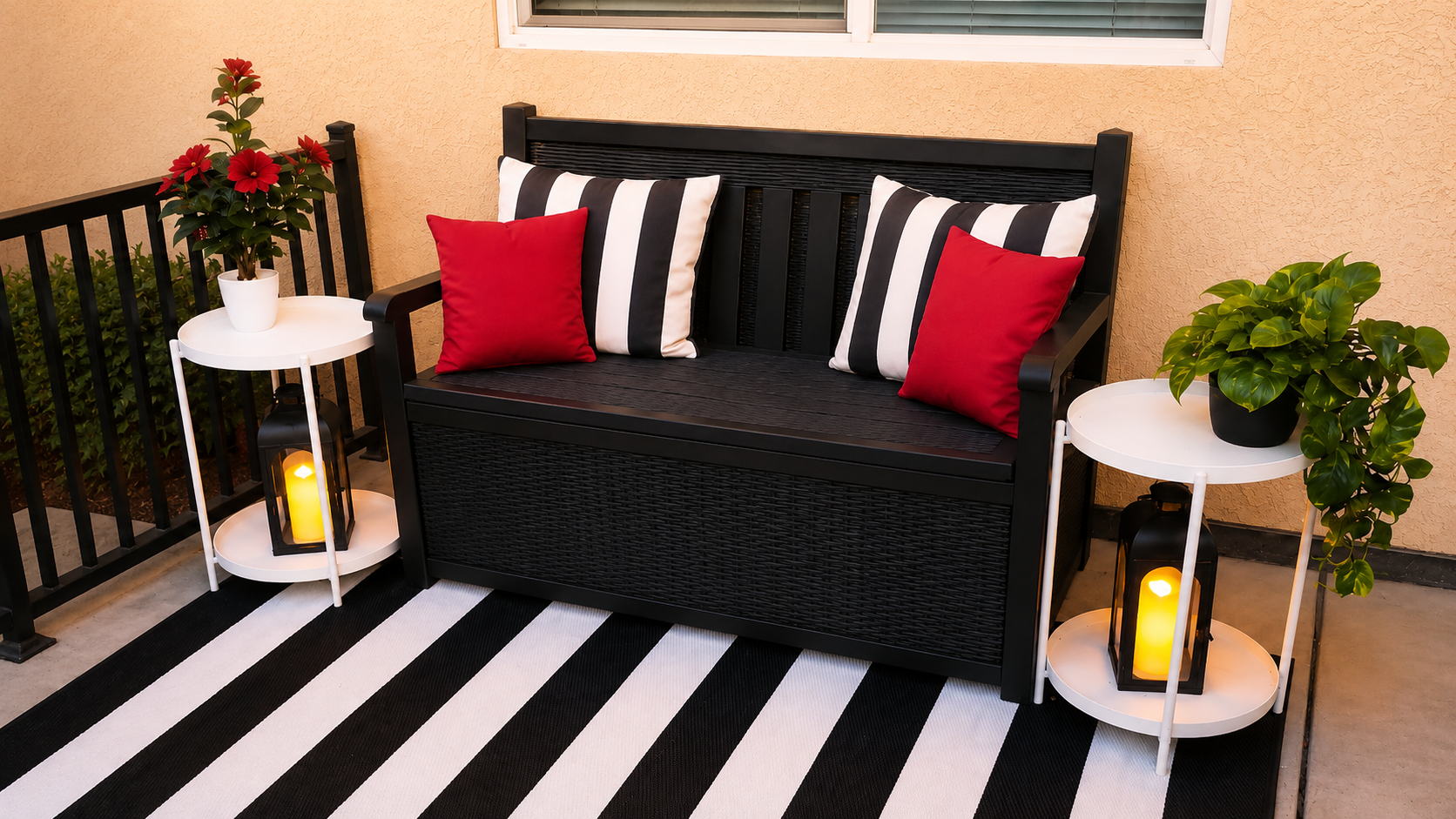 Cozy backyard patio seating area with a black outdoor bench, red and black-and-white pillows, white side tables, plants, lanterns, and a striped outdoor rug.
