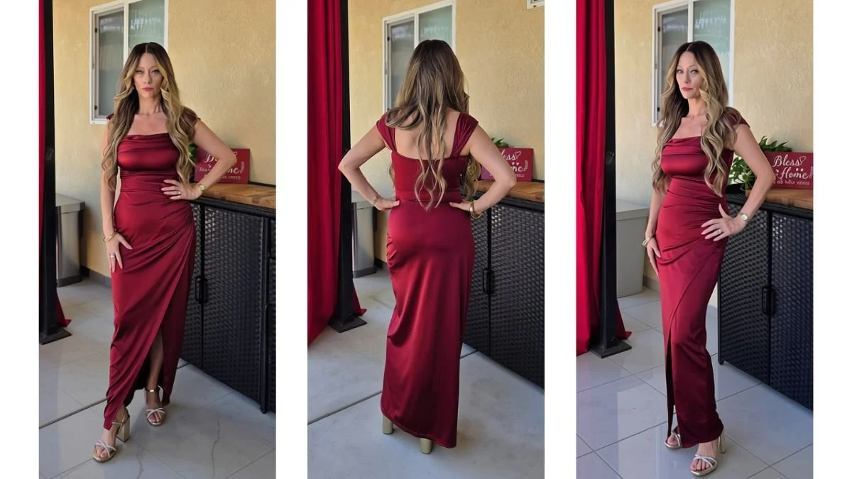 Red Popilush shapewear maxi dress shown from the front, back and side