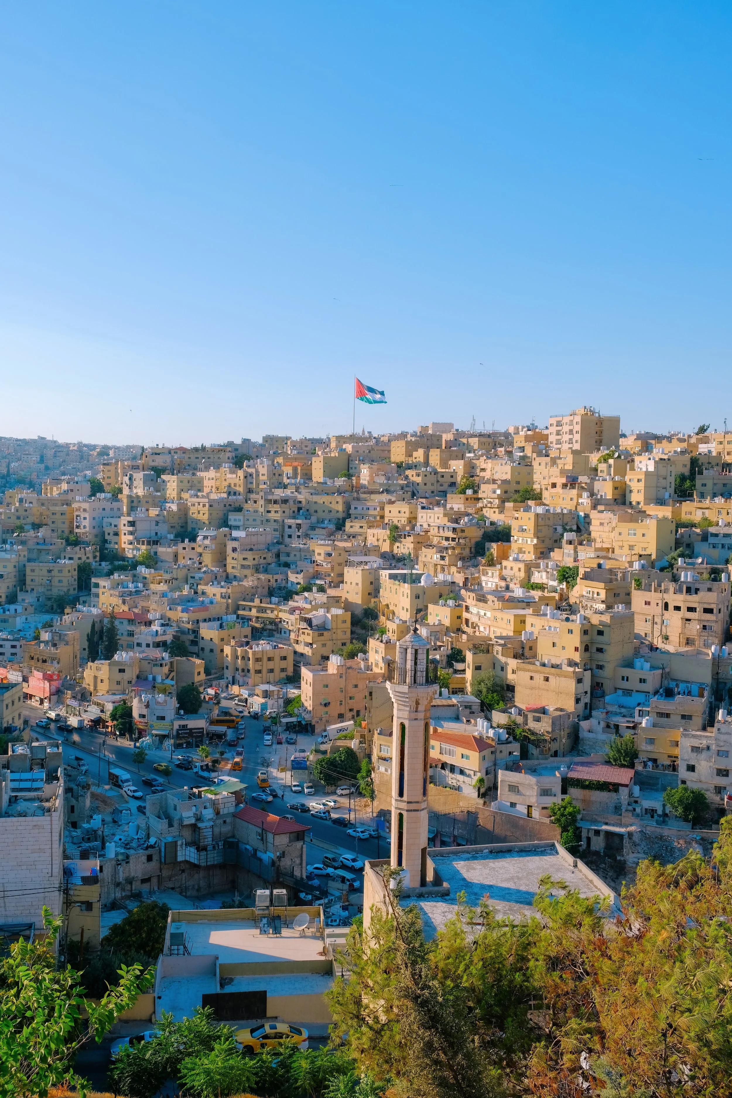 Cityscape of Amman, Jordan with many beige buildings, a minaret, and a flag flying on a hill in the background under a clear blue sky.