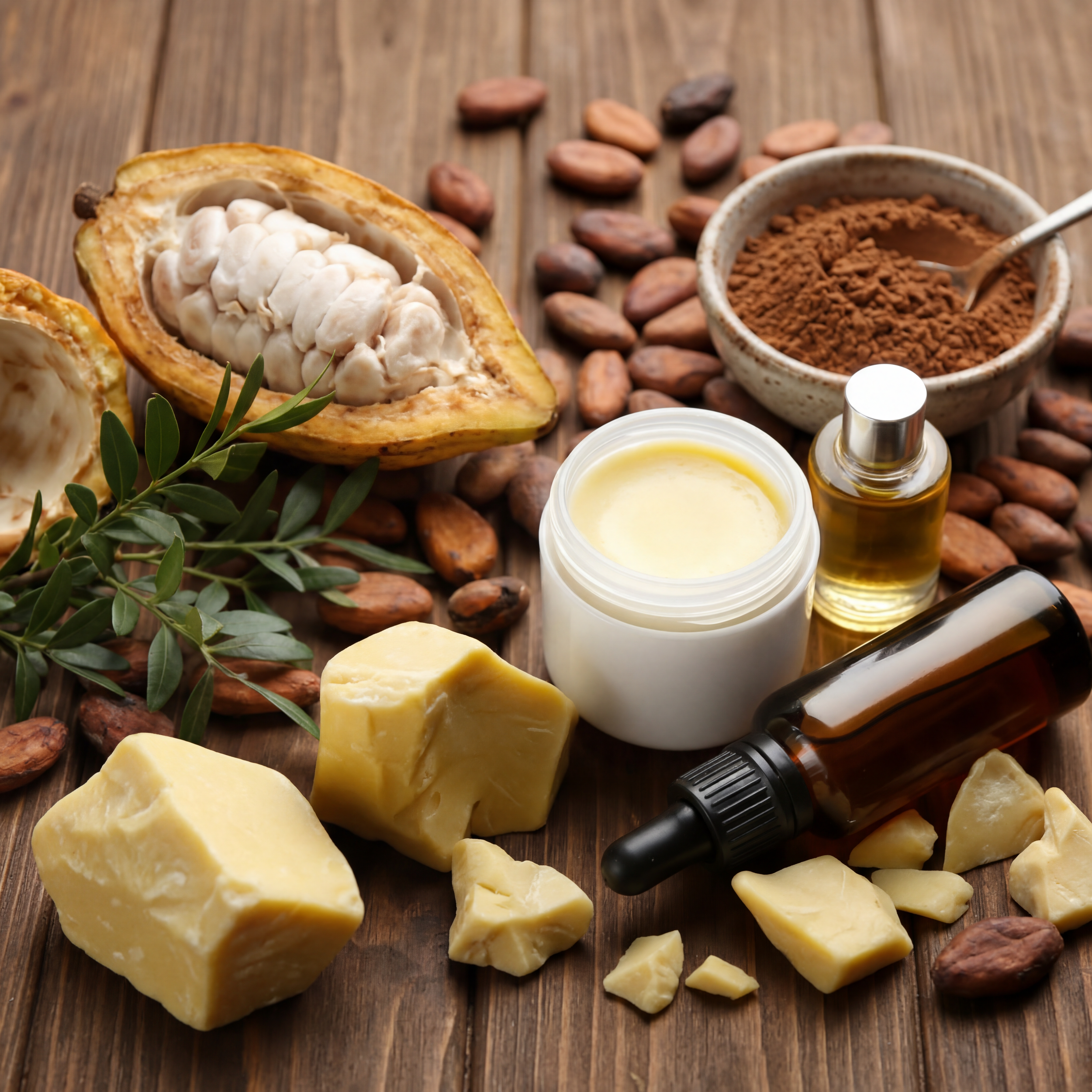 Half cut aged yellow cheese on a rustic wooden surface, surrounded by cacao beans, a small bowl of cocoa powder with a spoon, a dropper bottle of essential oil, and a small jar of cream, with green leaves in the foreground.