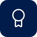 Icon of a medal or award ribbon on a dark blue background.