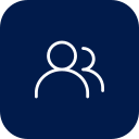 Icon of two people, one slightly in front of the other, over a dark blue background.