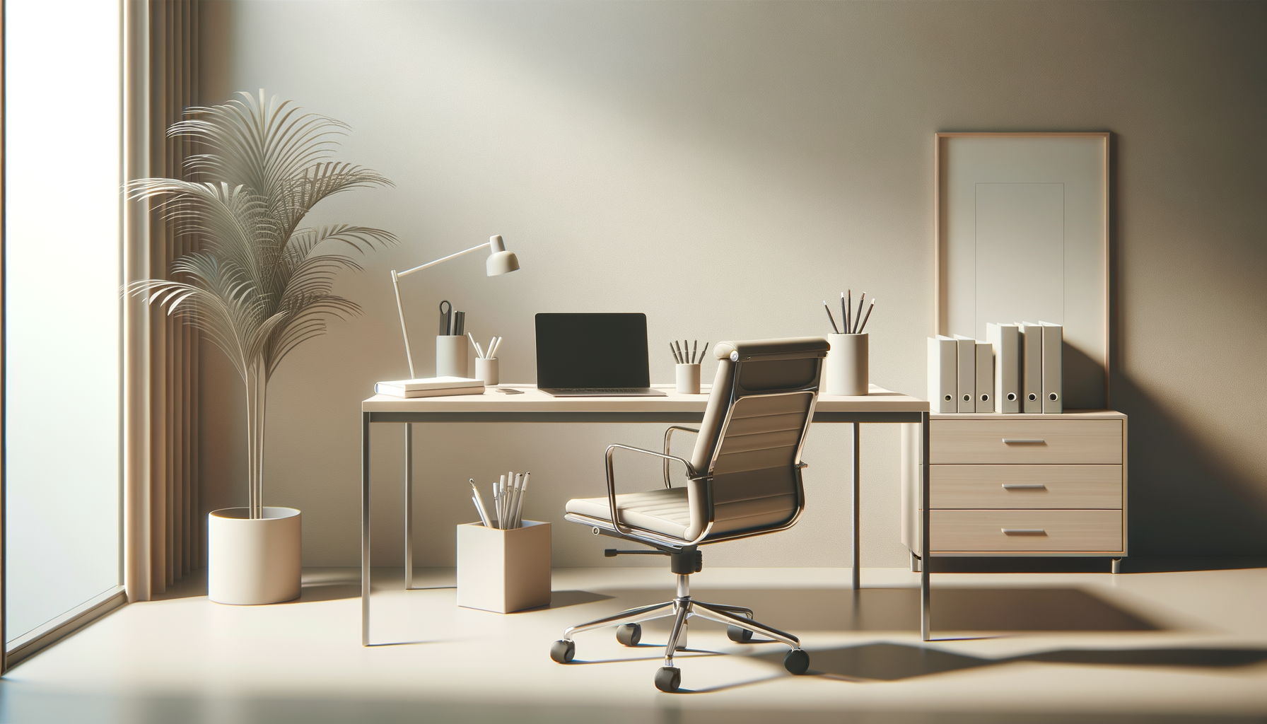 Modern minimalist office with a white desk, black laptop, white office chair, potted plant, and storage drawers with binders.