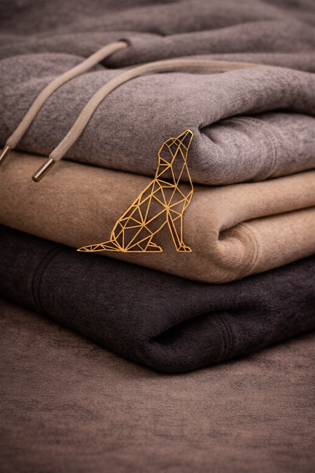 Stacked folded hoodies in brown, gray, and black with a gold geometric wolf-shaped bookmark.