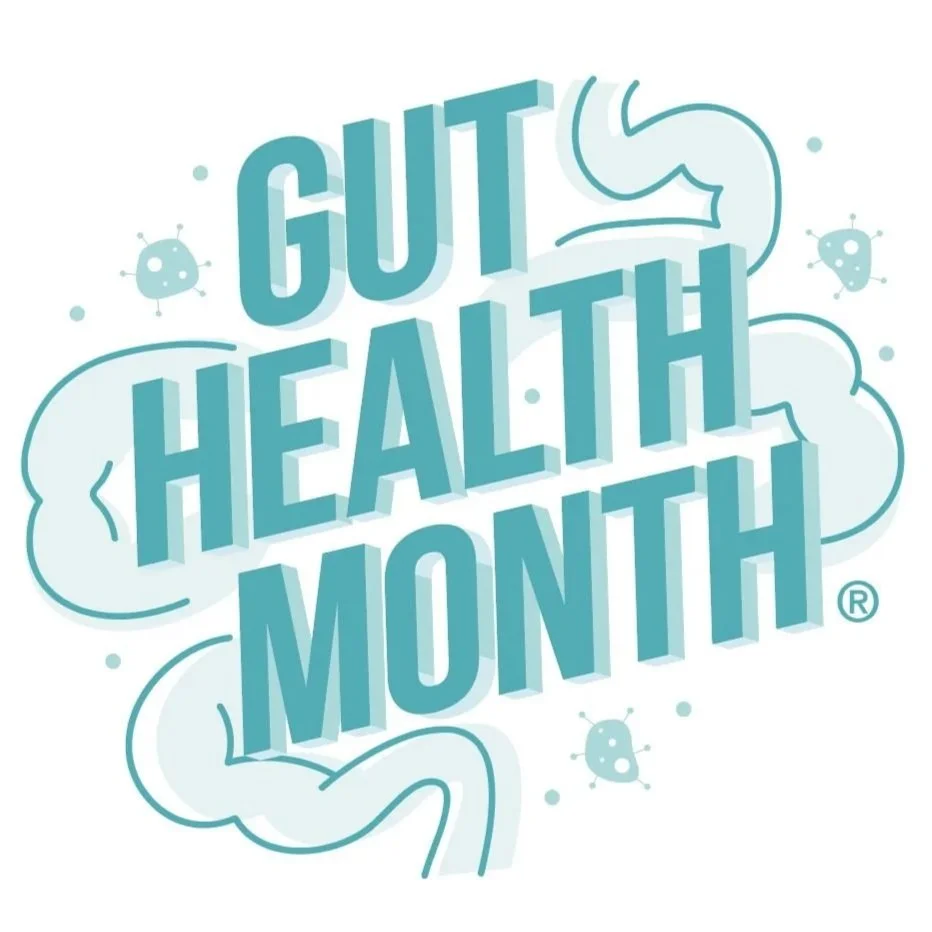 Graphic celebrating National Kidney Month with the phrase 'GUT HEALTH MONTH' in bold, three-dimensional blue letters, surrounded by cartoon illustrations of guts and germs.