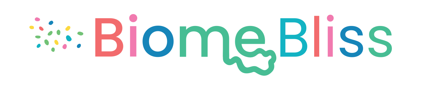 Colorful logo that says 'BiomeBliss' with confetti and a green abstract leaf design.
