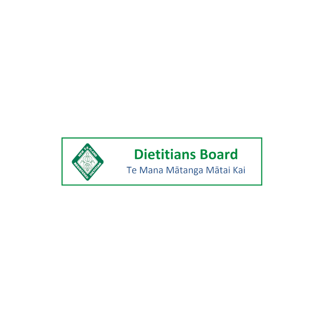 Logo of the New Zealand Dietitians Board with green and blue text reading 'Dietitians Board' and 'Te Mana Mātanga Mātai Kai' beneath it.