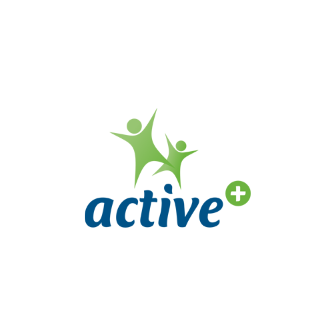 Logo with two stylized green human figures and the word 'active' in blue with a green plus sign.