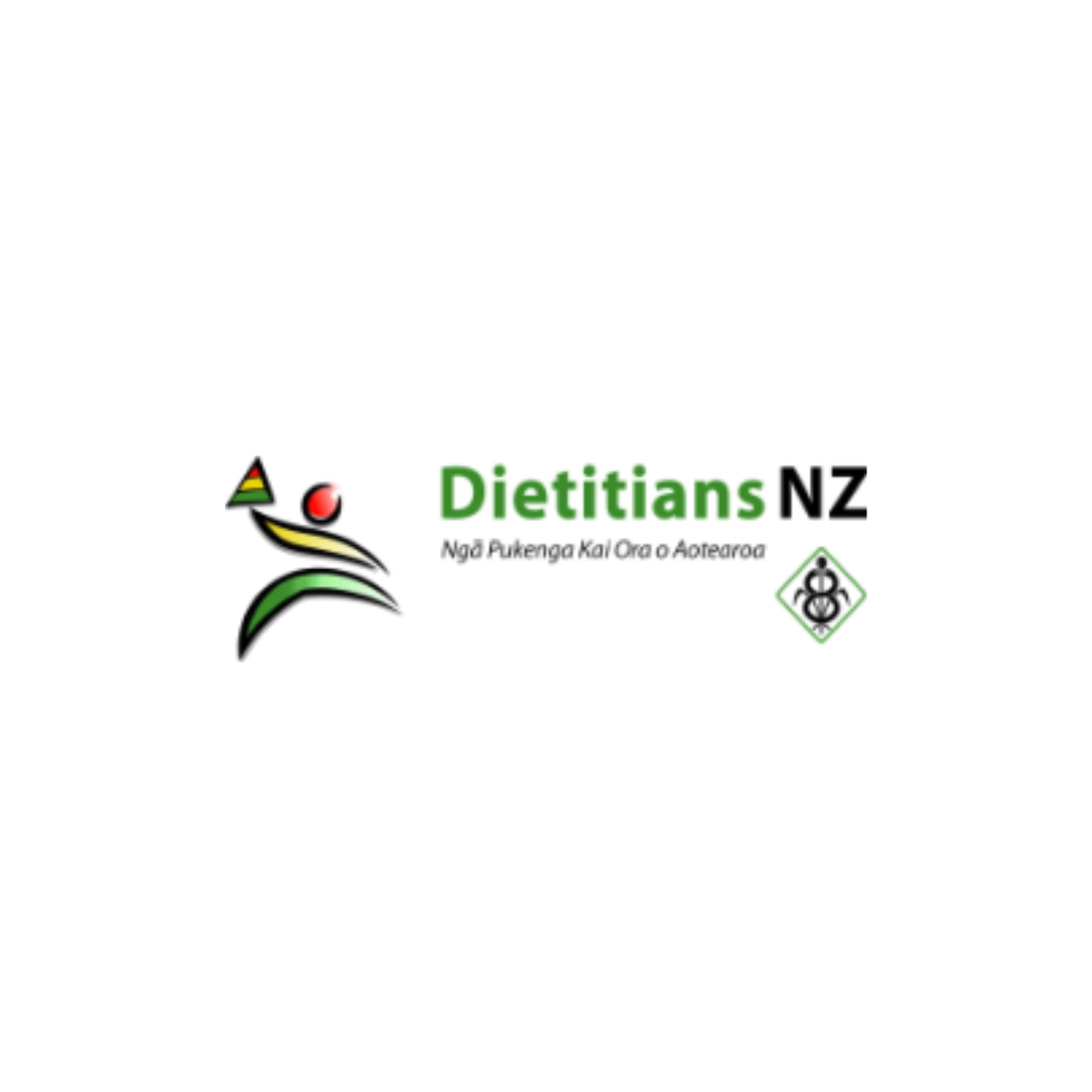 Logo for Dietitians NZ with abstract human figure and leaf design, featuring text 'Dietitians NZ' and a Maori phrase.