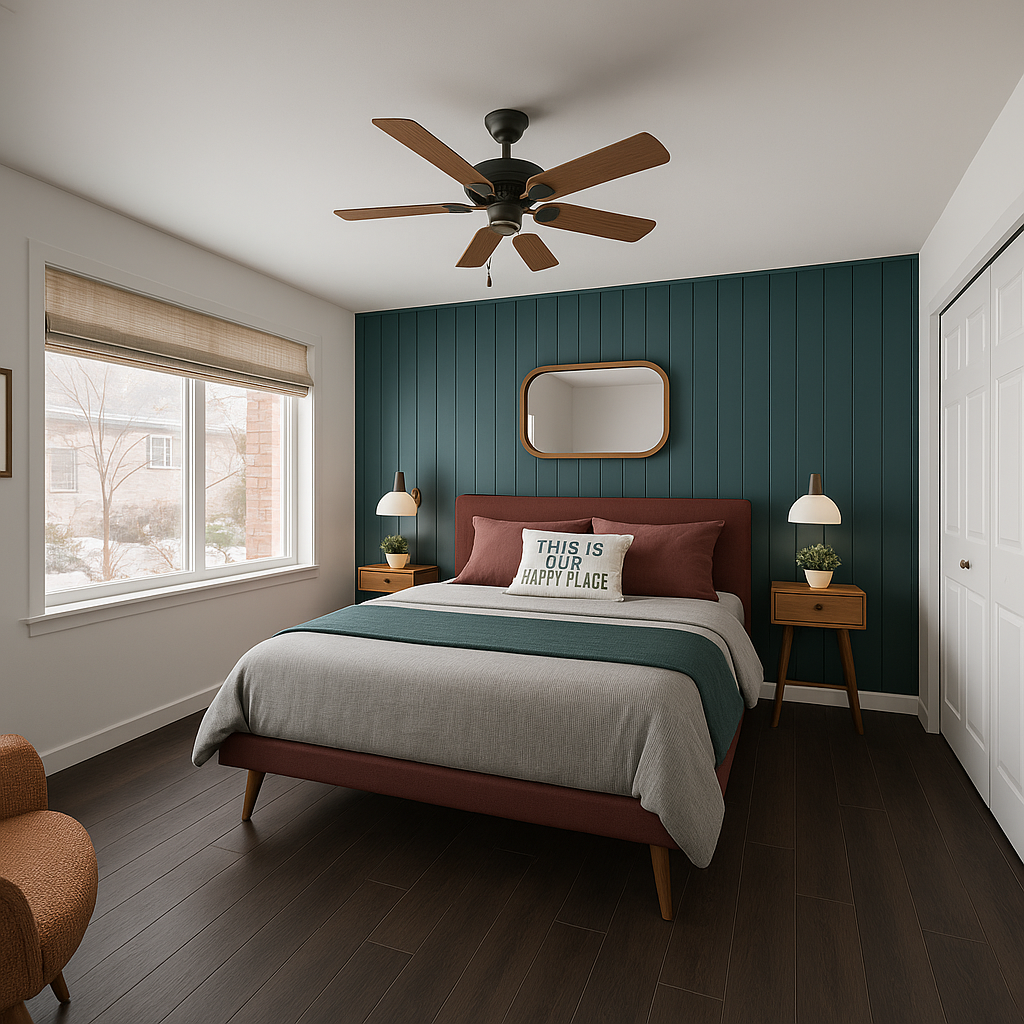 A bedroom with a bed that has a brown headboard, two matching pillow covers, and a decorative pillow with the text 'This is our happy place.' There are two wooden nightstands with lamps and small plants, a large window with a beige shade, a teal acce