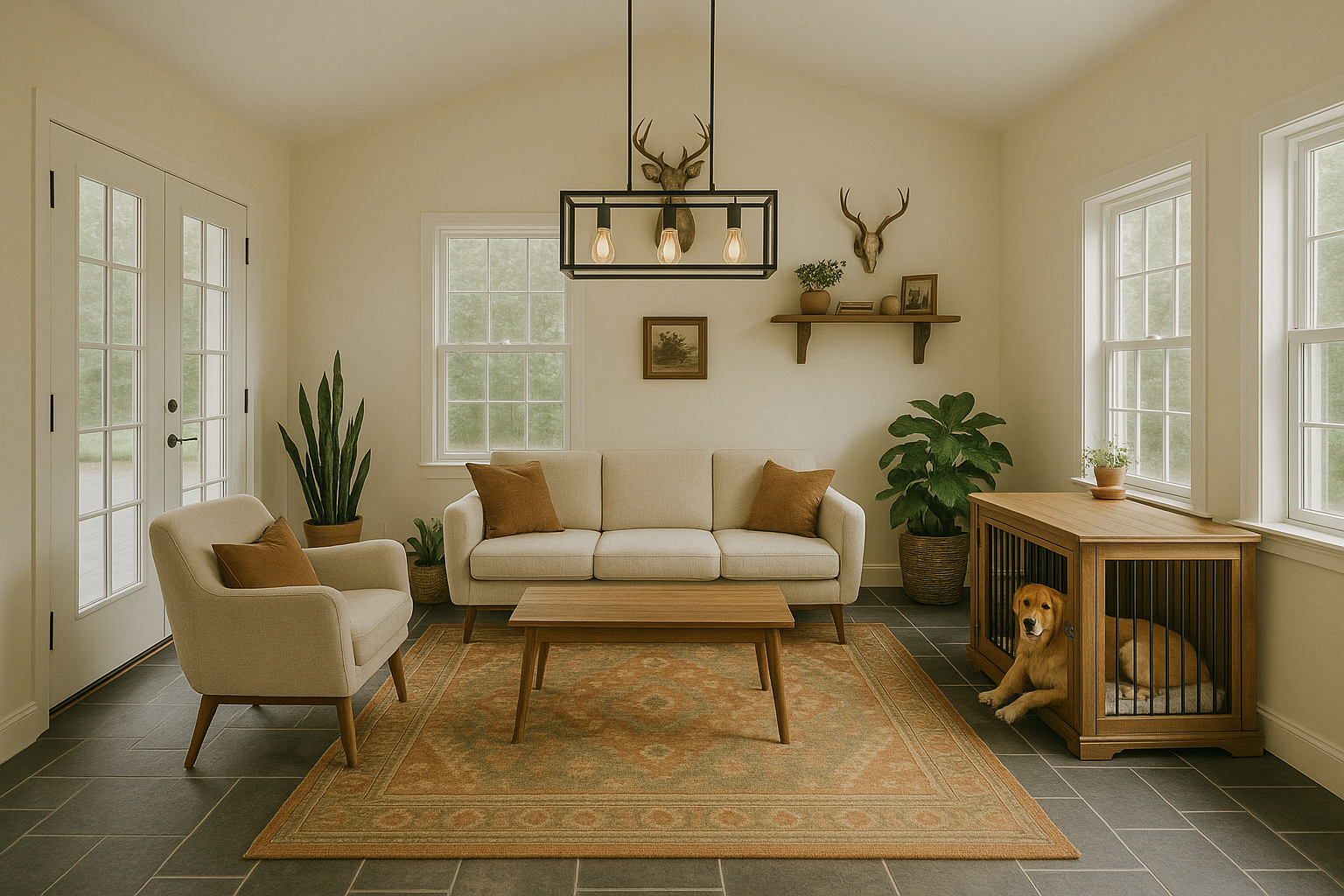 Living room with beige sofa, armchair, wooden coffee table, potted plants, wall art, deer head decor, large windows, and a sleeping dog inside a pet crate.