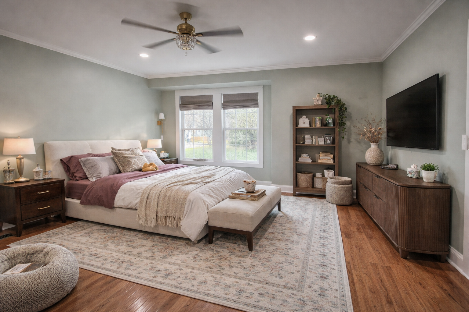 A nicely decorated bedroom with a large bed, nightstands, lamps, a window, a bookshelf, a TV on a wooden dresser, and a beige rug on hardwood floors.